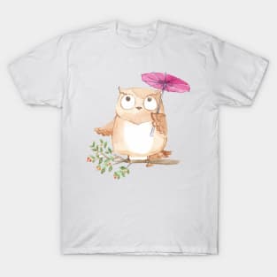 Cool Watercolor Owl In Rain Day T-Shirt